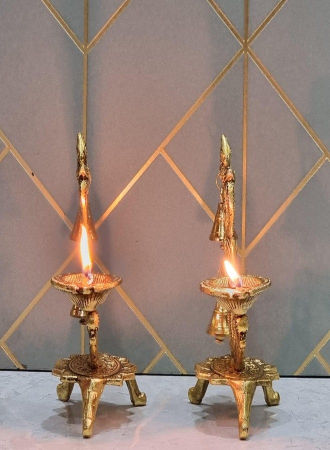 IMAGICART Metal Oxidised Peacock Diya for Puja Room/Home Temple Decor | Brass Antique Oil Lamp with Bell | Best Diwali, Wedding, Anniversary Return Gift | Gold (Set of 1) - Image 4
